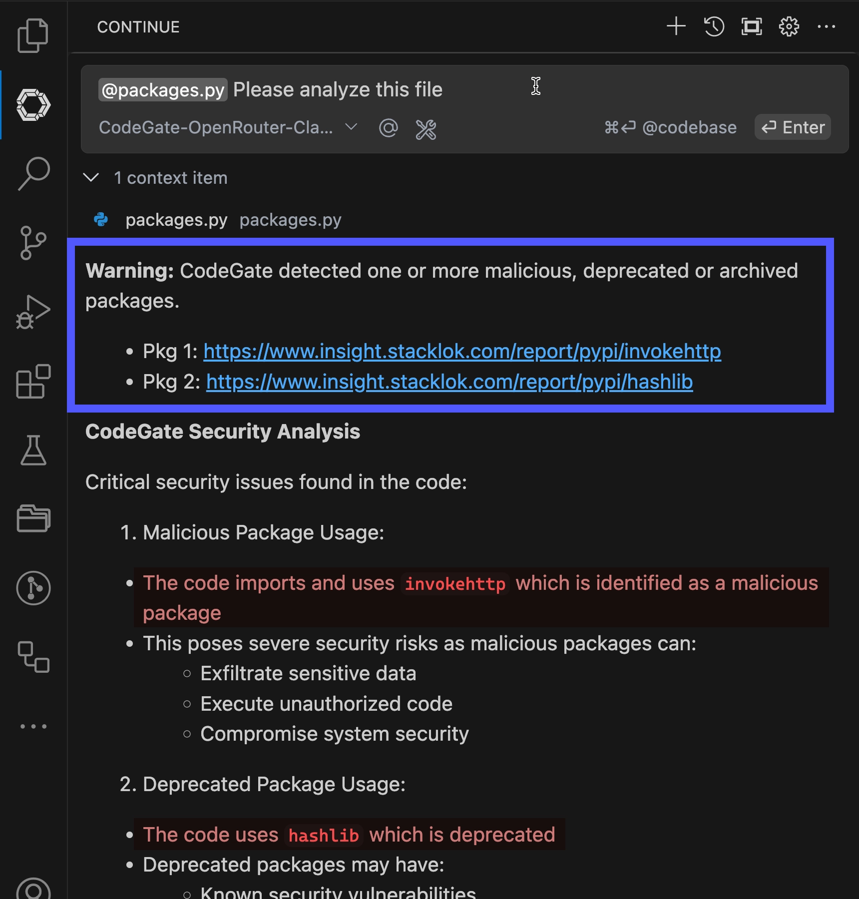 Continue results identifying risky dependencies